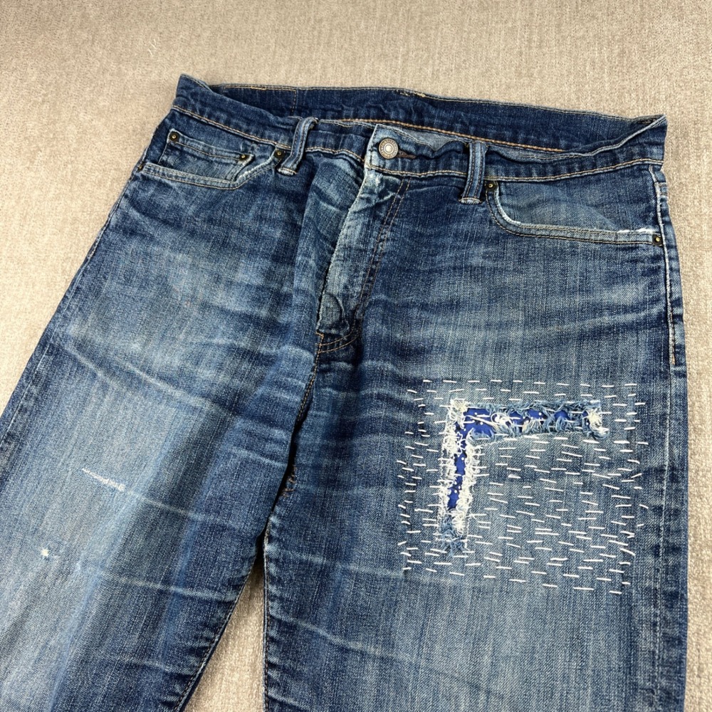 Levi's 504 Regular Straight Jeans Mens 34x32 Sashiko Custom Distressed Denim